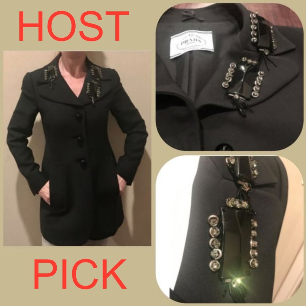 Auc Prada Crystal Embellish Black Wool Blazer